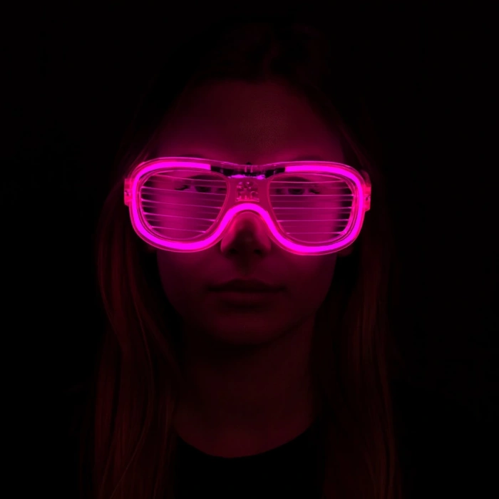 Pembe Led Işıklı Parti Gözlüğü - Neon Glow Şerit Gözlük 3 Modlu (4887)