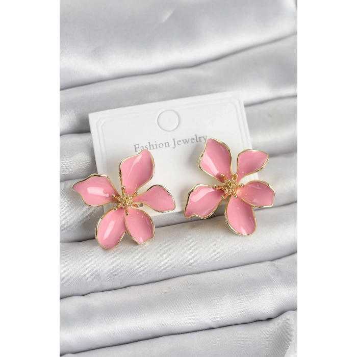 Pembe Mineli Çiçek Model Pirinç Kadın Küpe - TJ-BKP11727