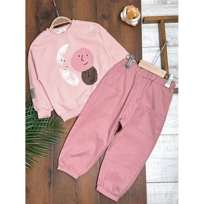 Pembe Renk %100 Pamuklu Gabardin Pantolon Likralı Cepli Kız Çocuk Takım