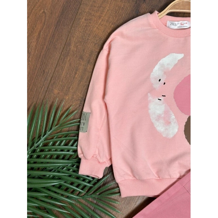 Pembe Renk %100 Pamuklu Gabardin Pantolon Likralı Cepli Kız Çocuk Takım