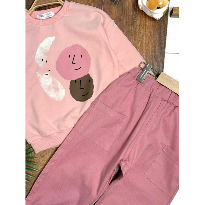 Pembe Renk %100 Pamuklu Gabardin Pantolon Likralı Cepli Kız Çocuk Takım
