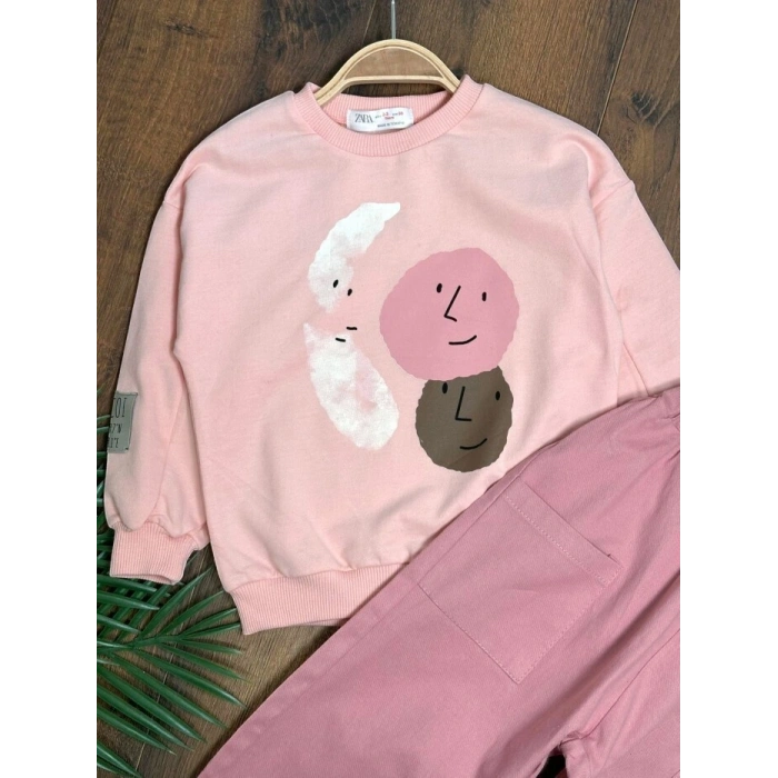Pembe Renk %100 Pamuklu Gabardin Pantolon Likralı Cepli Kız Çocuk Takım