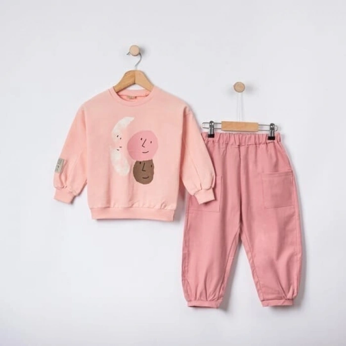 Pembe Renk %100 Pamuklu Gabardin Pantolon Likralı Cepli Kız Çocuk Takım