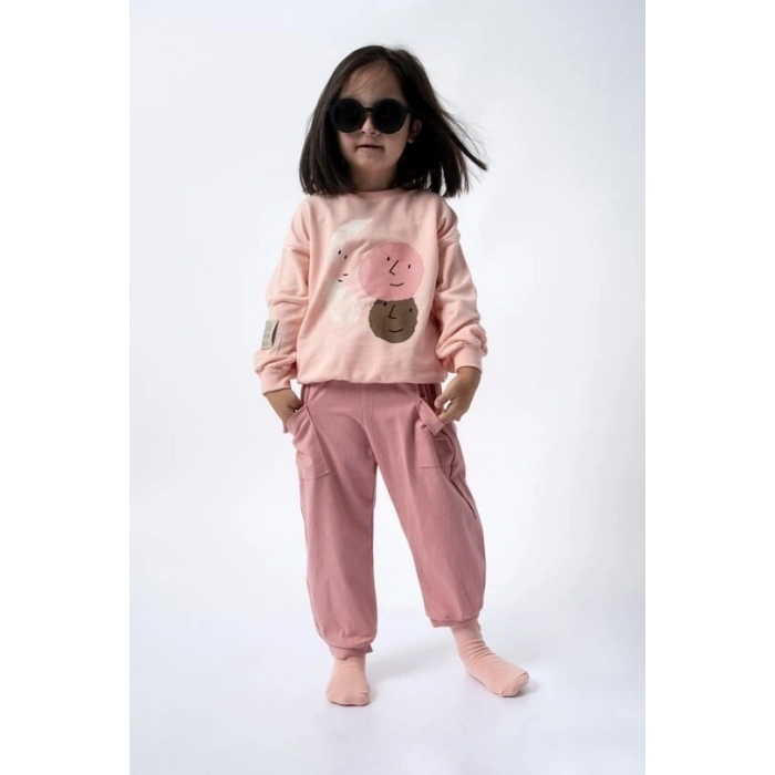 Pembe Renk %100 Pamuklu Gabardin Pantolon Likralı Cepli Kız Çocuk Takım