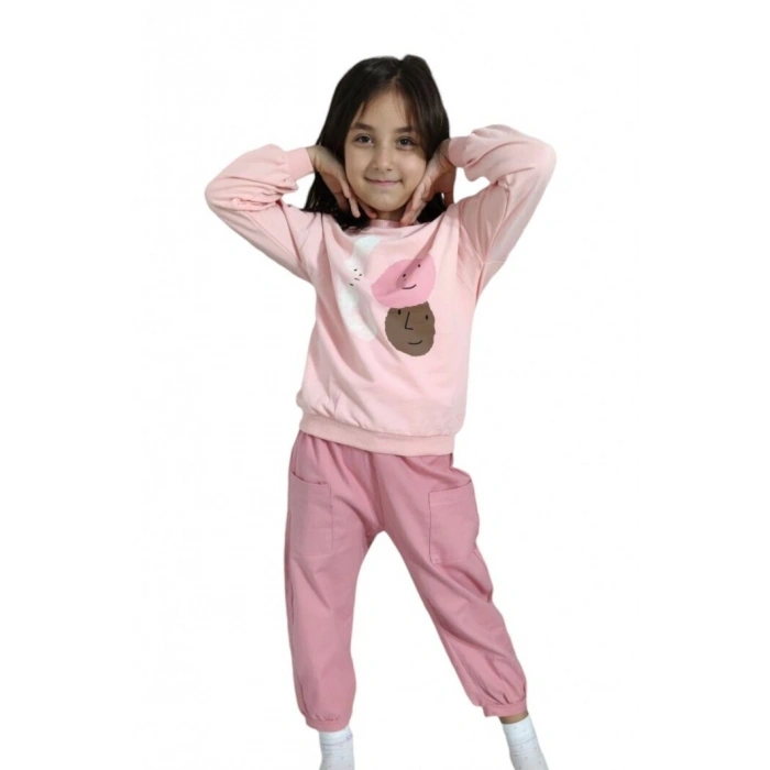 Pembe Renk %100 Pamuklu Gabardin Pantolon Likralı Cepli Kız Çocuk Takım