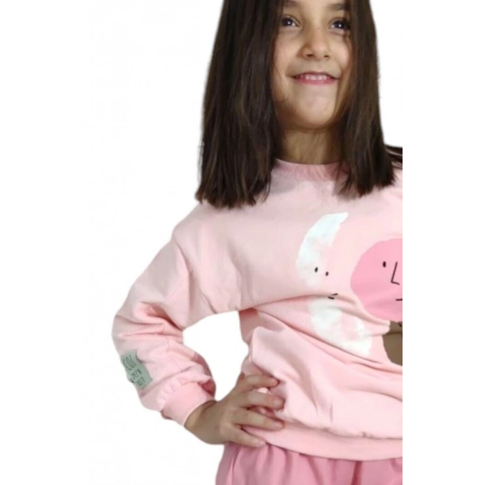 Pembe Renk %100 Pamuklu Gabardin Pantolon Likralı Cepli Kız Çocuk Takım