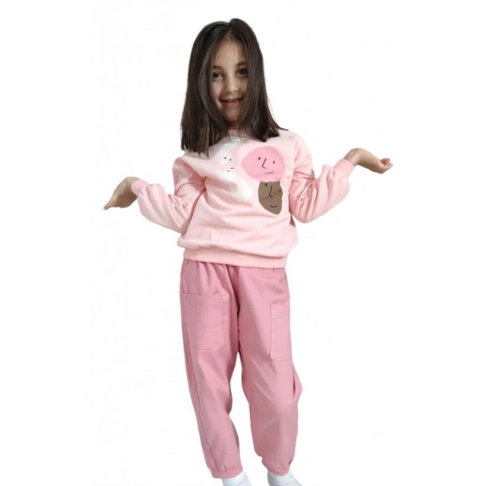 Pembe Renk %100 Pamuklu Gabardin Pantolon Likralı Cepli Kız Çocuk Takım
