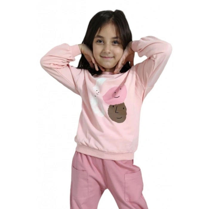 Pembe Renk %100 Pamuklu Gabardin Pantolon Likralı Cepli Kız Çocuk Takım