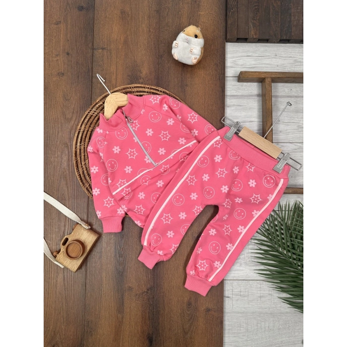 PEMBE RENK  FERMUARLI DİK YAKA ÇİZGİLİ ÇİZGİLİ PAÇALARI LASTİKLİ KIZ ÇOCUK & BEBEK TAKIM