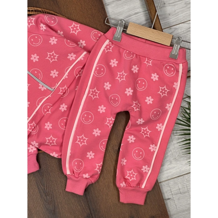 PEMBE RENK  FERMUARLI DİK YAKA ÇİZGİLİ ÇİZGİLİ PAÇALARI LASTİKLİ KIZ ÇOCUK & BEBEK TAKIM