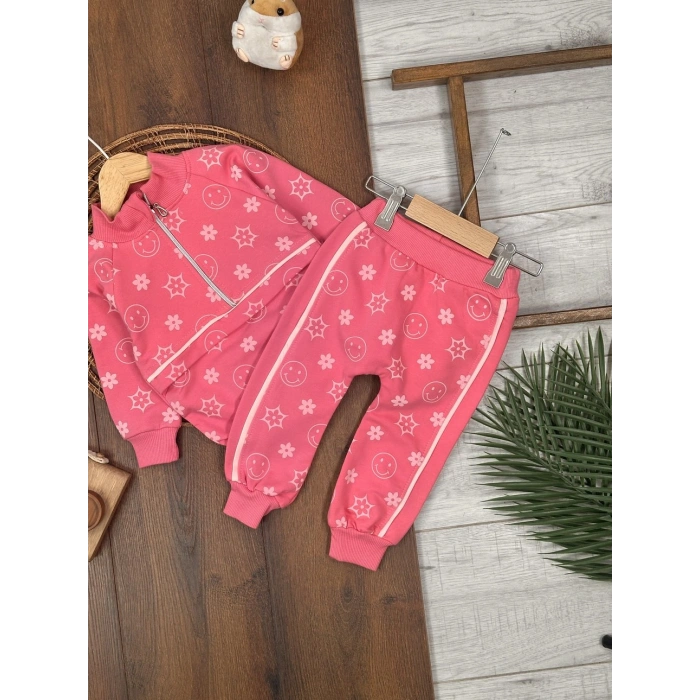 PEMBE RENK  FERMUARLI DİK YAKA ÇİZGİLİ ÇİZGİLİ PAÇALARI LASTİKLİ KIZ ÇOCUK & BEBEK TAKIM