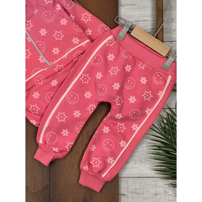 PEMBE RENK  FERMUARLI DİK YAKA ÇİZGİLİ ÇİZGİLİ PAÇALARI LASTİKLİ KIZ ÇOCUK & BEBEK TAKIM