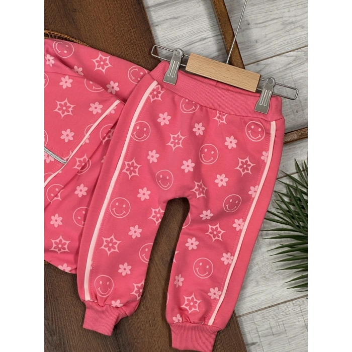 PEMBE RENK  FERMUARLI DİK YAKA ÇİZGİLİ ÇİZGİLİ PAÇALARI LASTİKLİ KIZ ÇOCUK & BEBEK TAKIM