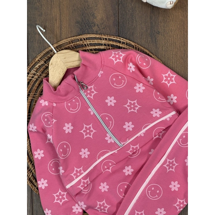 PEMBE RENK  FERMUARLI DİK YAKA ÇİZGİLİ ÇİZGİLİ PAÇALARI LASTİKLİ KIZ ÇOCUK & BEBEK TAKIM