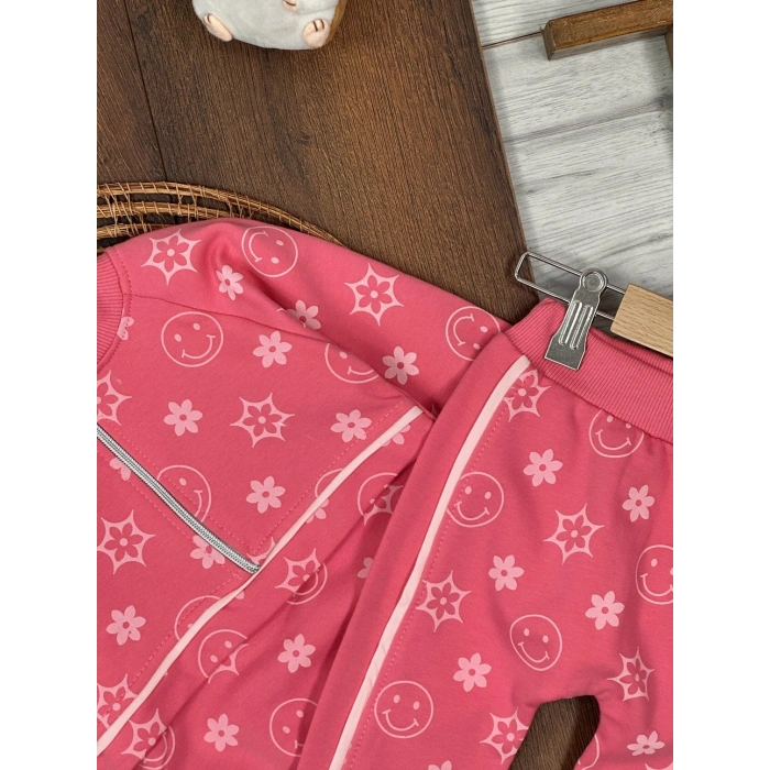 PEMBE RENK  FERMUARLI DİK YAKA ÇİZGİLİ ÇİZGİLİ PAÇALARI LASTİKLİ KIZ ÇOCUK & BEBEK TAKIM