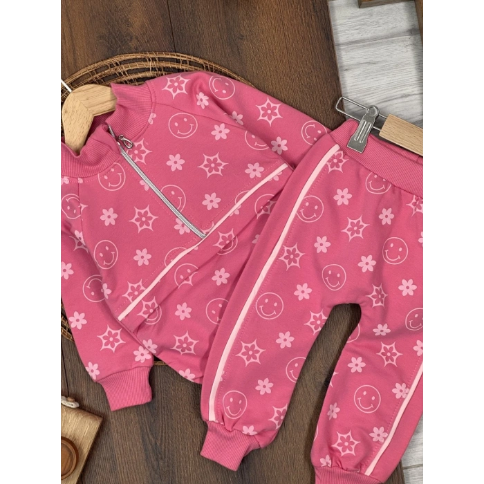 PEMBE RENK  FERMUARLI DİK YAKA ÇİZGİLİ ÇİZGİLİ PAÇALARI LASTİKLİ KIZ ÇOCUK & BEBEK TAKIM