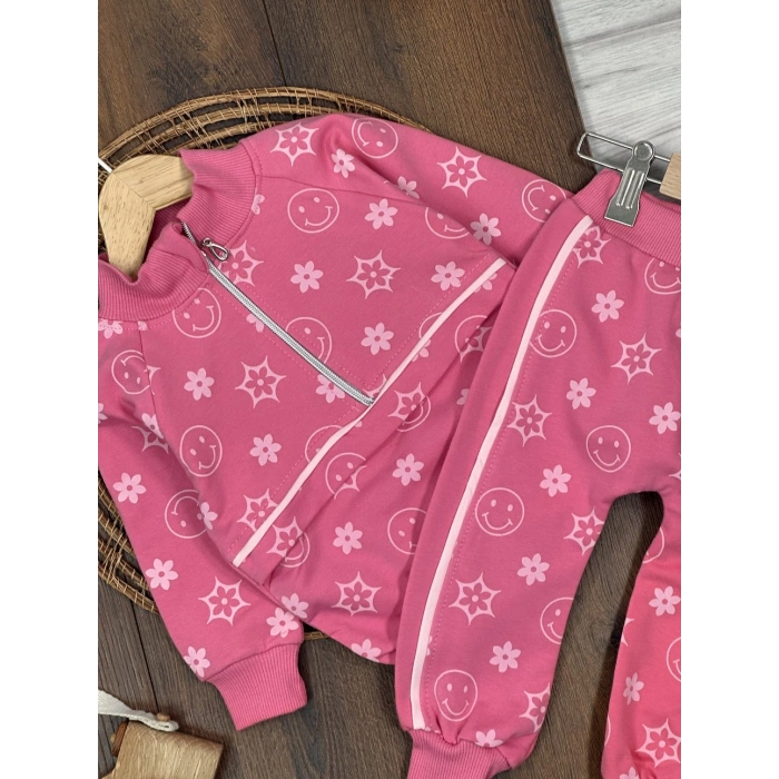 PEMBE RENK  FERMUARLI DİK YAKA ÇİZGİLİ ÇİZGİLİ PAÇALARI LASTİKLİ KIZ ÇOCUK & BEBEK TAKIM