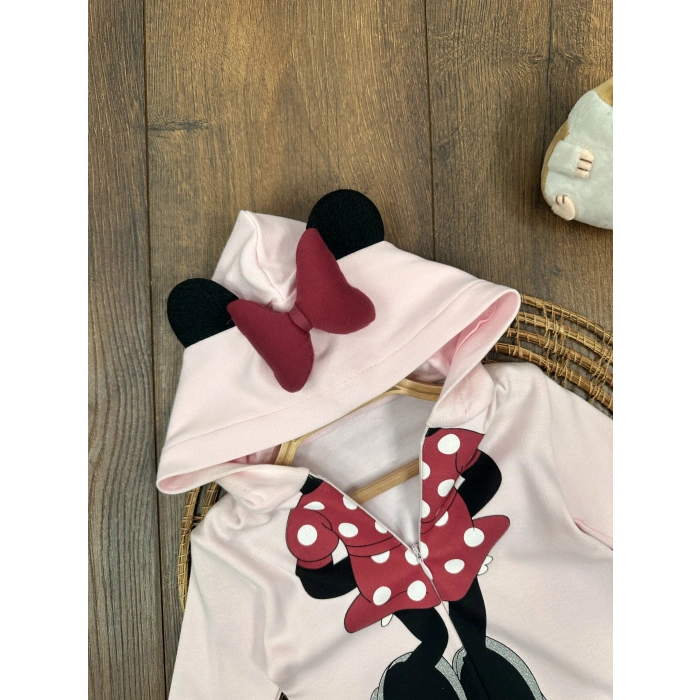 PEMBE RENK KAPİŞONLU UZUN KOLLU  LASTİKLİ PAÇA VE KOL 2 PARÇA  KIZ ÇOCUK BEBEK TULUM