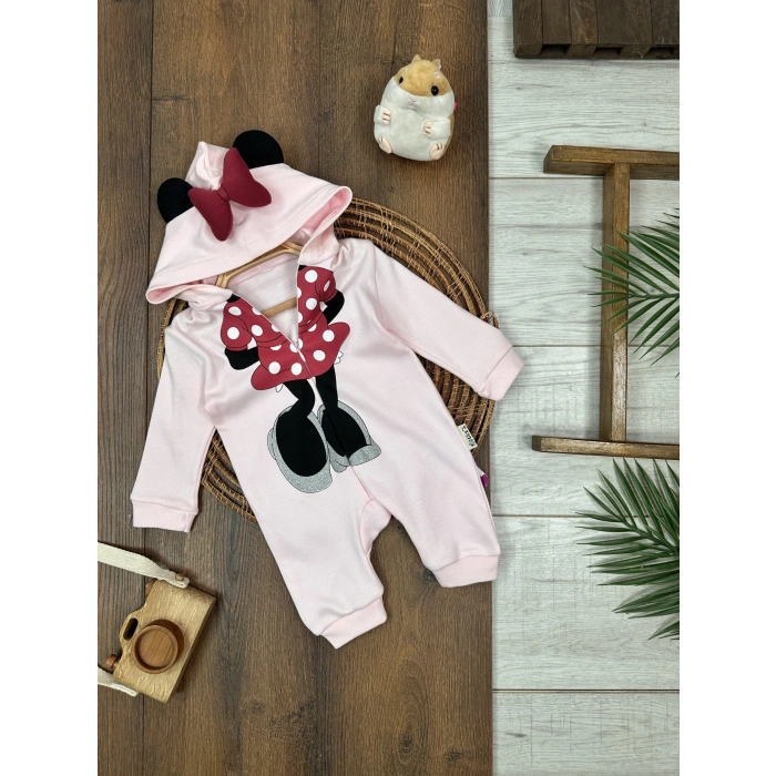 PEMBE RENK KAPİŞONLU UZUN KOLLU  LASTİKLİ PAÇA VE KOL 2 PARÇA  KIZ ÇOCUK BEBEK TULUM