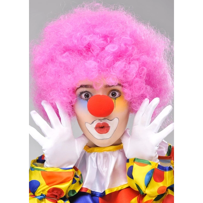 Pembe Renk Kıvırcık Afro Bonus Peruk Takma Saç ve Kırmızı Burun Seti (4887)