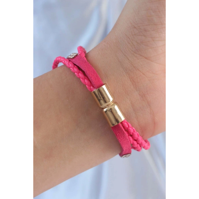 Pembe Renk Zirkon Taşlı Deri Çoklu Bileklik - TJ-BB6350