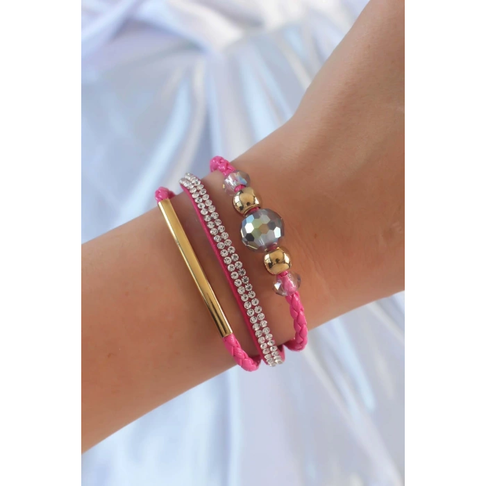 Pembe Renk Zirkon Taşlı Deri Çoklu Bileklik - TJ-BB6352
