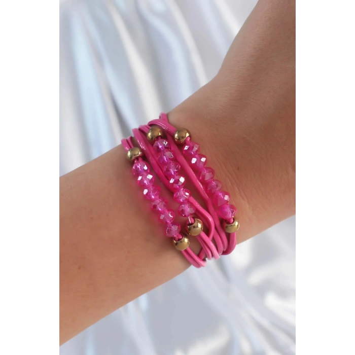Pembe Renk Zirkon Taşlı İpli Çoklu Bileklik - TJ-BB6342