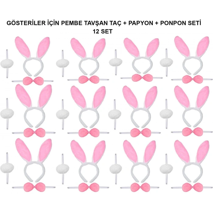 Pembe Tavşan Kostüm Seti – Taç, Papyon, Ponpon (12’li Paket)