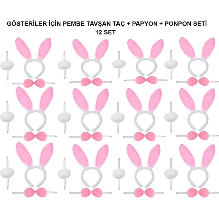 Pembe Tavşan Kostüm Seti – Taç, Papyon, Ponpon (12’li Paket)