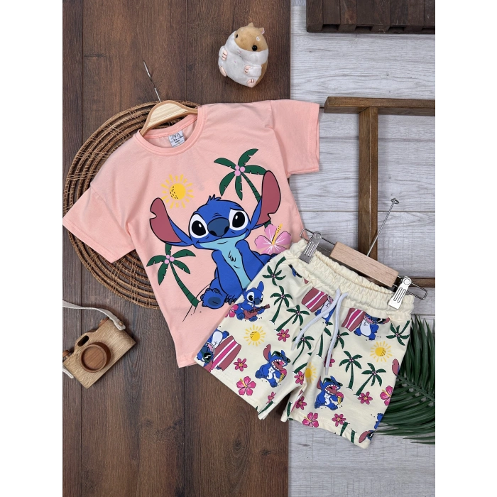 Pembe Yazlık Pamuku Beli Lastikli Kız Çocuk Takım