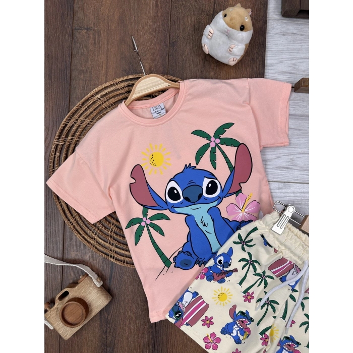 Pembe Yazlık Pamuku Beli Lastikli Kız Çocuk Takım