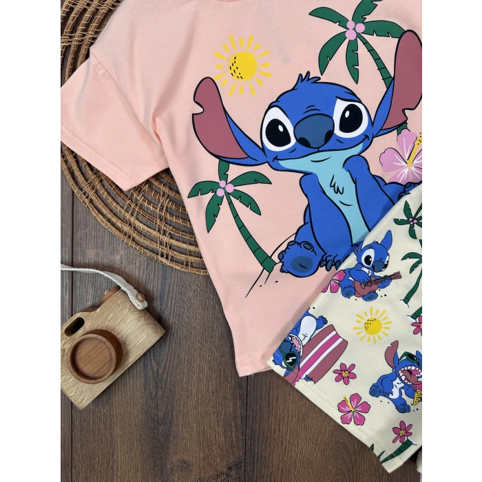 Pembe Yazlık Pamuku Beli Lastikli Kız Çocuk Takım