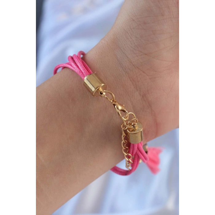 Pembe Zirkon Taşlı İpli Püskül Detay Çoklu Bileklik - TJ-BB6360