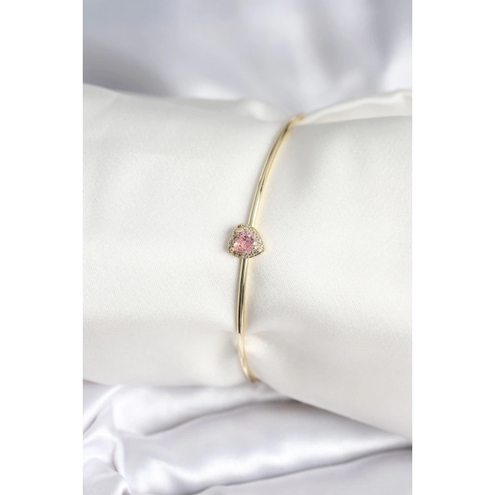 Pembe Zirkon Taşlı Kalp Model Gold Renk Kadın Bileklik - TJ-BB8001