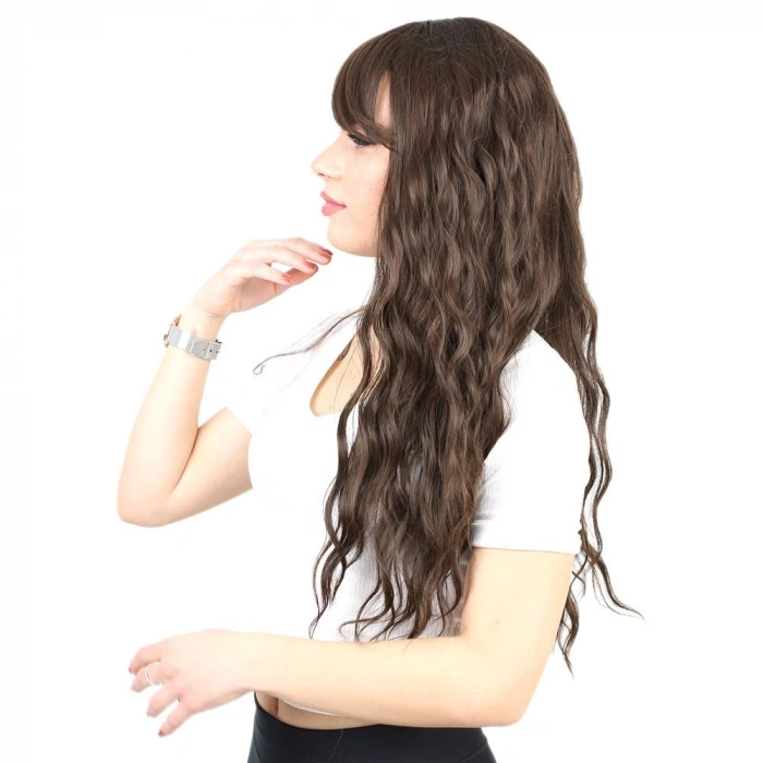 Perçemli Uzun Su Dalgası Fiber Sentetik Peruk- Açık Kahve