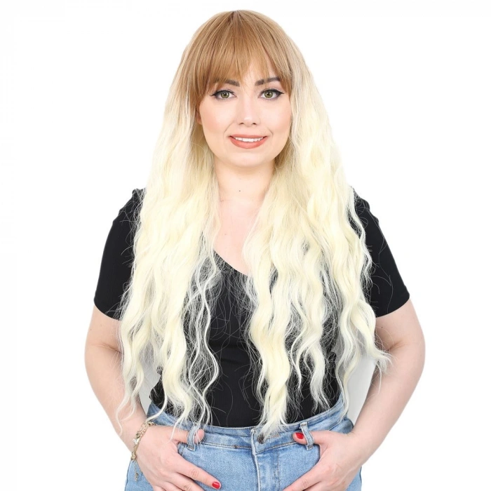 Perçemli Uzun Su Dalgası Fiber Sentetik Peruk - Balköpüğü / Platin Kısa Ombreli