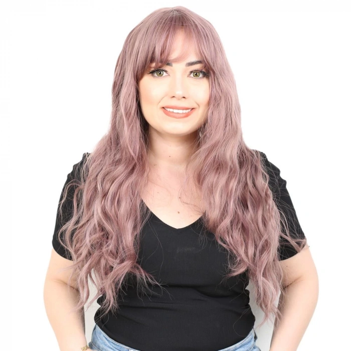 Perçemli Uzun Su Dalgası Fiber Sentetik Peruk- Gül Kurusu