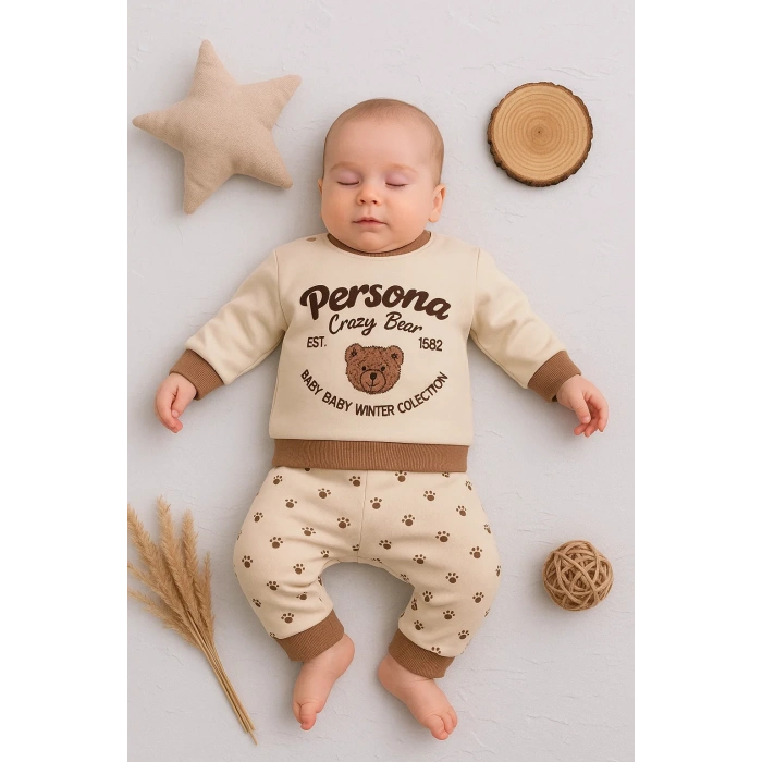 Persona Bear Nakışlı % 100 Pamuk 2li Erkek Bebek Takım
