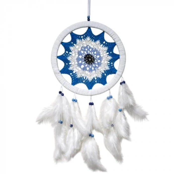 Petrol Mavisi Nazar Motifli Kuş Tüylü Duvar Süsü