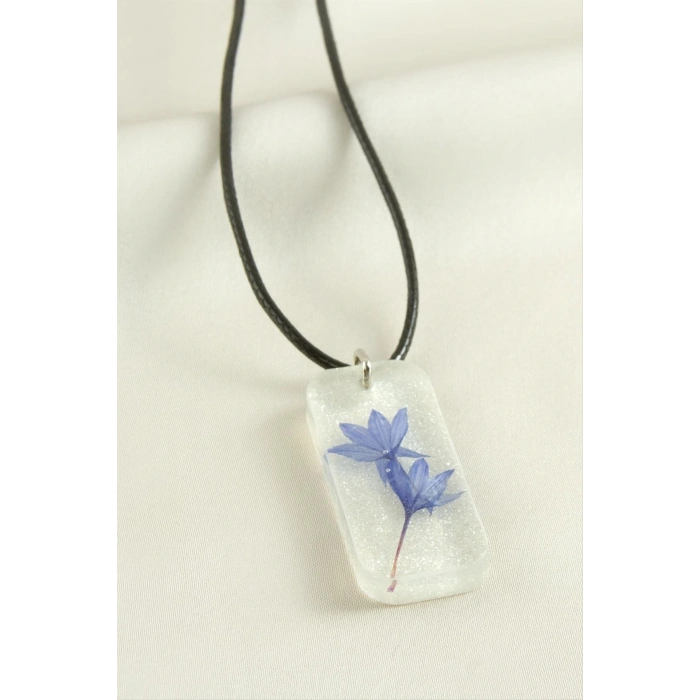 Peygamber Çiçeği Simli Dikdörtgen Epoksi Kolye