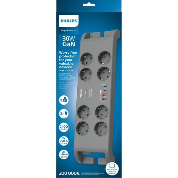 Phılıps Spn8180ga/62 8 Soket Akım Korumalı Priz 2400 Joules 2mt Kablo 2xusb-c Pd 20w Hızlı Şarj 2xusb-a Qc 18w (gri)(1923)