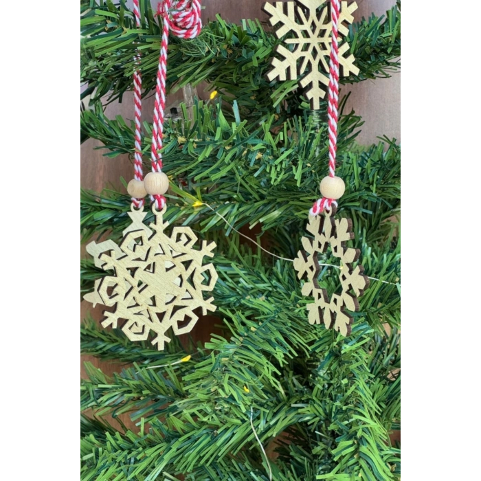 Pilli Peri Ledli 6 Parça Kırmızı Beyaz İpli Kar Tanesi Model Ahşap Yılbaşı Ağaç Süsü (4887)