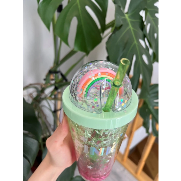 Pink Suluk Pipetli Buzlu Cam Görünümlü Led Işıklı 450 ML Çift Katman Mika 2103 Yeşil