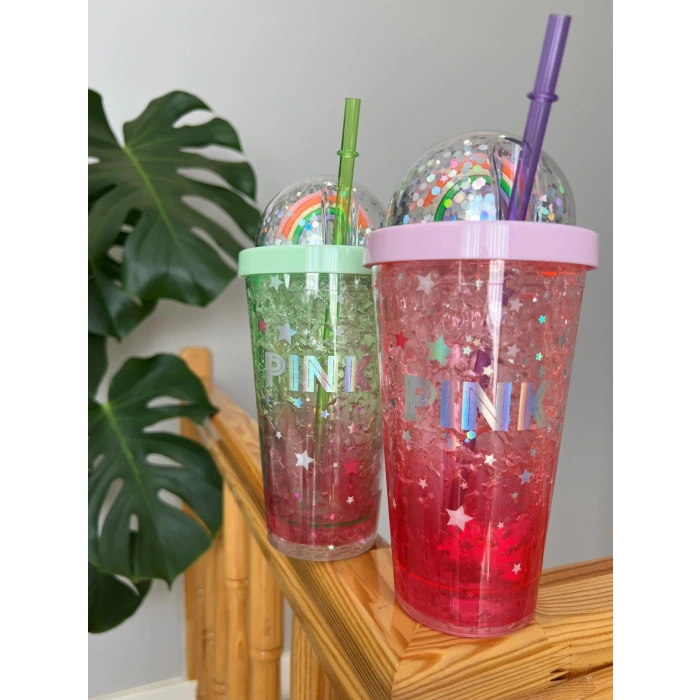 Pink Suluk Pipetli Buzlu Cam Görünümlü Led Işıklı 450 ML Çift Katman Mika 2103 Yeşil