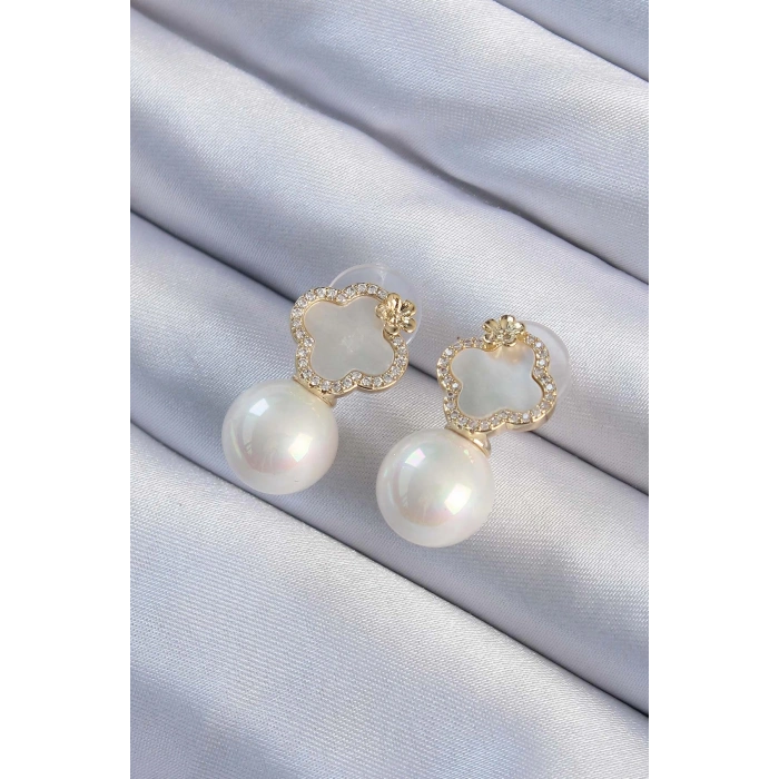 Pirinç Altın Renk Zirkon Taşlı Minimal Çiçek Tasarımlı Kadın Küpe - TJ-BKP9480