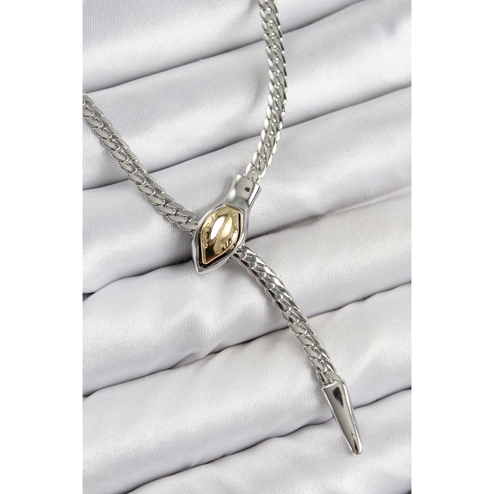 Pirinç Asansörlü Yılan Model Gümüş Renk Kadın Kolye - TJ-BKO10432