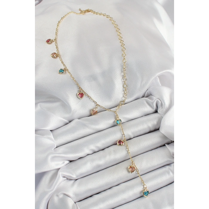 Pirinç Asorti Kalp Model Gold Renk Zirkon Taşlı Y Kolye - TJ-BKO10248