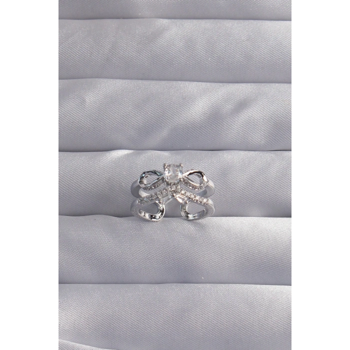 Pirinç Ayarlamalı Gümüş Renk Zirkon Taşlı 2li Görünüm Fiyonk Yüzük - TJ-BYK3288