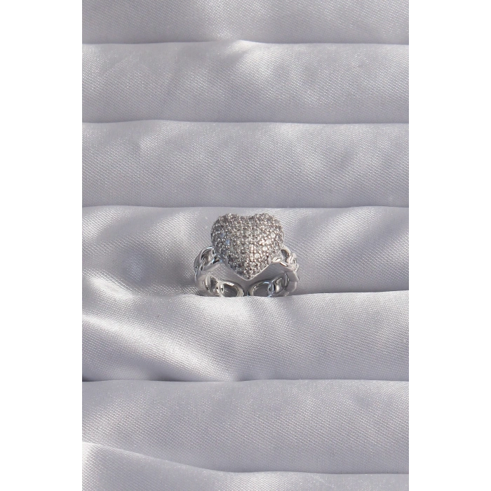 Pirinç Ayarlamalı Gümüş Renk Zirkon Taşlı Bombeli Kalp Yüzük - TJ-BYK3282