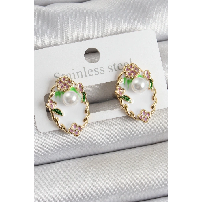 Pirinç Beyaz Mineli İnci Detaylı Sanatsal Portre Model Gold Renk Kadın Küpe - TJ-BKP10689